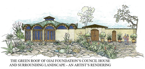 A design sketch of a living green roof with flagstone patio in a succulent CA garden in Ojai