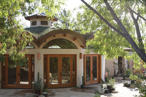 A living green roof with CA dry succulent garden and flagstone patio in Ojai